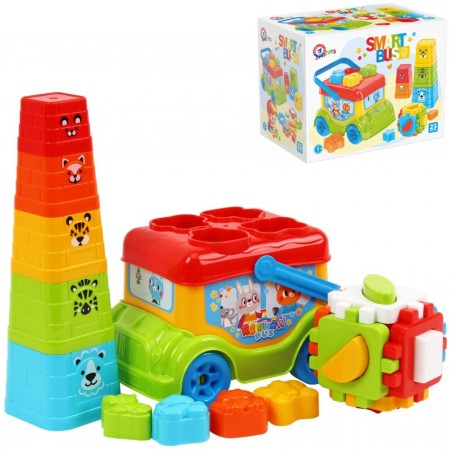 Autobus baby vkládačka volný chod + pyramida skládací kalíšky barevné
