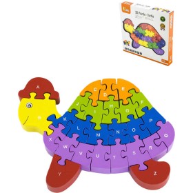 DŘEVO 3D Puzzle skládačka želva 24cm s abecedou 26 dílků v krabici