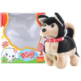 PLYŠ Pejsek černo-hnědý 18cm chodí a štěká na baterie Zvuk *PLYŠOVÉ HRAČKY*