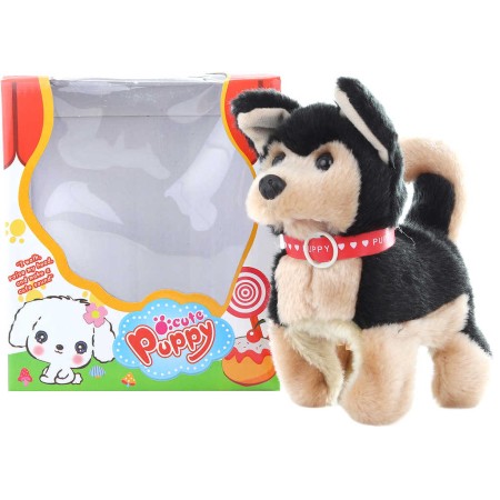 PLYŠ Pejsek černo-hnědý 18cm chodí a štěká na baterie Zvuk *PLYŠOVÉ HRAČKY*