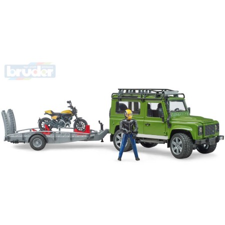 BRUDER 02589 Auto Land Rover set s přívěsem a motoycklem Ducati s figurkou jezdce