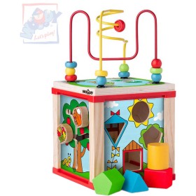 WOODY DŘEVO Baby kostka didaktická vkládačka s labyrintem a aktivitami pro miminko