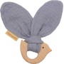 NEW BABY DŘEVO Kousátko ptáček šedé s mušelínem pro miminko