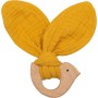 NEW BABY DŘEVO Kousátko ptáček žluté s mušelínem pro miminko