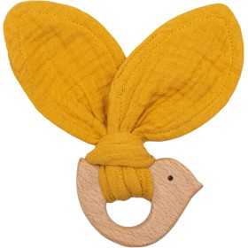 NEW BABY DŘEVO Kousátko ptáček žluté s mušelínem pro miminko