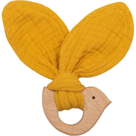 NEW BABY DŘEVO Kousátko ptáček žluté s mušelínem pro miminko