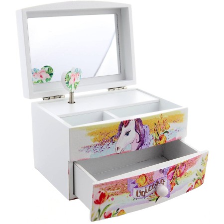 DŘEVO Šperkovnice jednorožec s melodií se zrcátkem na natažení