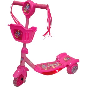 Koloběžka růžová s košíkem 3 kola 6"/4" svítící stupátko na baterie Světlo