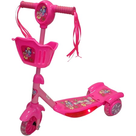 Koloběžka růžová s košíkem 3 kola 6"/4" svítící stupátko na baterie Světlo