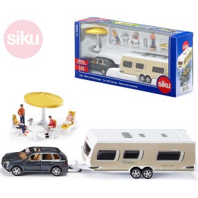 SIKU Auto Porsche Cayenne + obytný přívěs s doplňky model 1:55 kov 2542