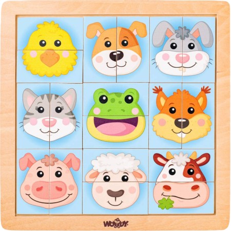 WOODY DŘEVO Zvířecí hlavičky domáci baby skládačka na desce 18 dílků