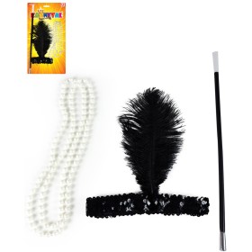 KARNEVAL Charleston čelenka s peřím set s korálemi a cigaretovou špičkou