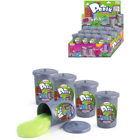 Sliz hmota prdící v plastové popelnici dětská žertovinka různé barvy