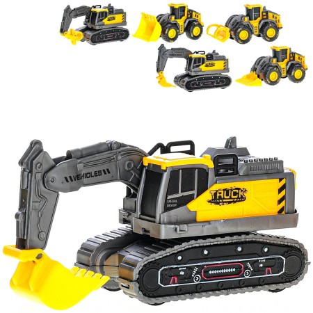 Auto stavební vozidlo žluté na setrvačník zablácená kola 9 druhů