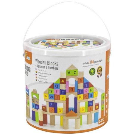 VIGA DŘEVO Baby stavebnice kostky 100ks písmena a čísla v kyblíku
