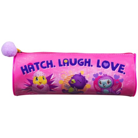 Oválný školní penál na zip Hatchimals 21x8cm růžový s bambulkou