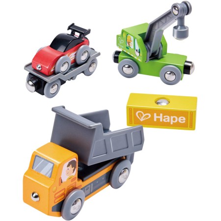 HAPE DŘEVO Vláček technická vozidla baby set 4ks na magnet