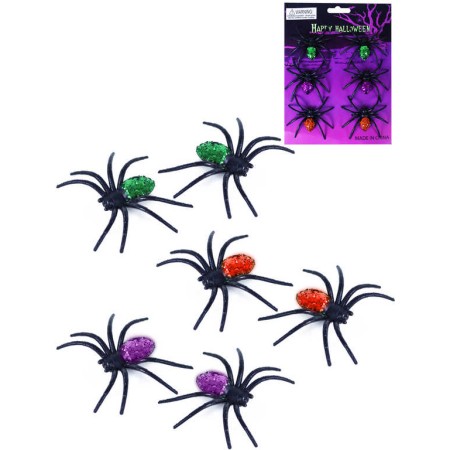 Zvířátko pavouk černý 7cm s barevnými třpytkami set 6ks Halloween