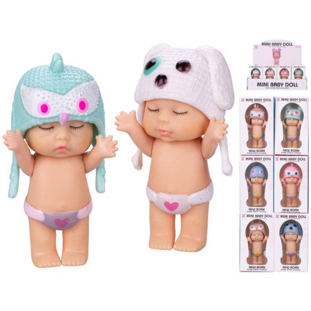 Panenka miminko 8cm batole s čepicí zvířátko 12 druhů v krabičce