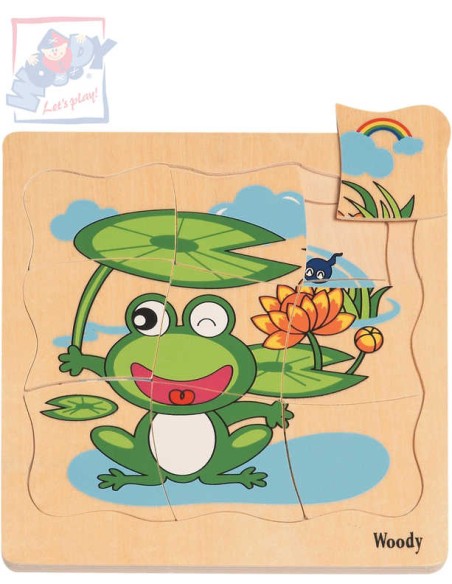 WOODY DŘEVO Puzzle naučné vývoj žáby 4 vrstvy 4 obrázky 4v1 na desce
