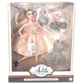 Panenka Anbibi růžové šaty dlouhé vlasy s culíkem set s doplňky