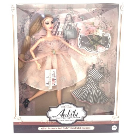 Panenka Anbibi růžové šaty dlouhé vlasy s culíkem set s doplňky
