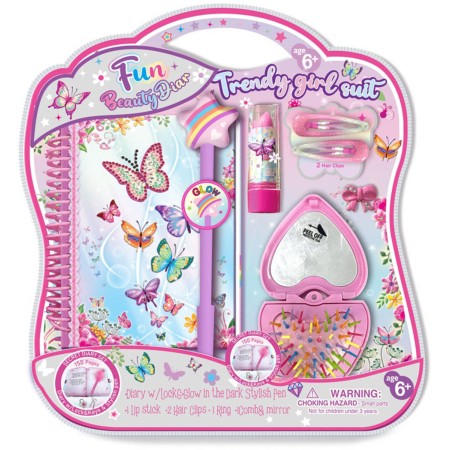 Deníková sada s ve tmě svítící tužkou a skládacím hřebínkem s doplňky