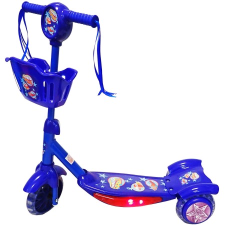 Koloběžka modrá s košíkem 3 kola 6"/4" svítící stupátko na baterie Světlo