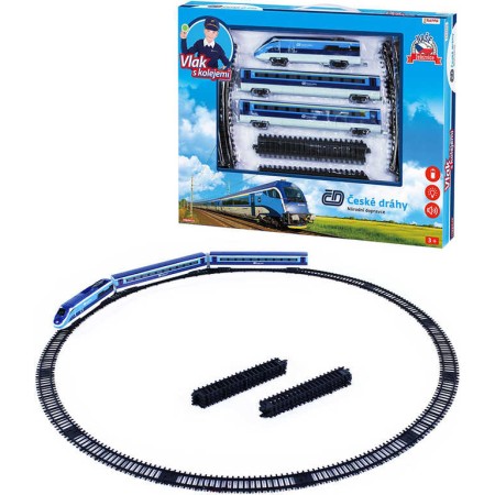 Vlak České dráhy set lokomotiva + 2 vagóny s kolejemi na baterie Světlo Zvuk