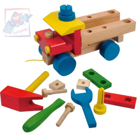 WOODY DŘEVO Auto montážní tahací dřevěné k sestavení set se 3 nástroji
