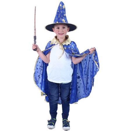 KARNEVAL Plášť kouzelnický modrý + klobouk vel.S (104-128cm) 3-8 let *KOSTÝM*