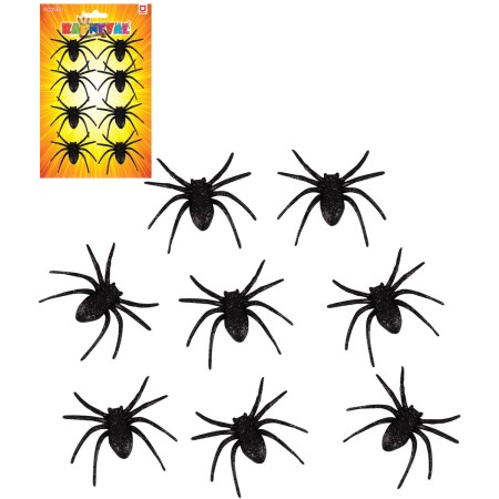 Pavouk černý třpytivý 6cm halloween dekorace set 8ks na kartě