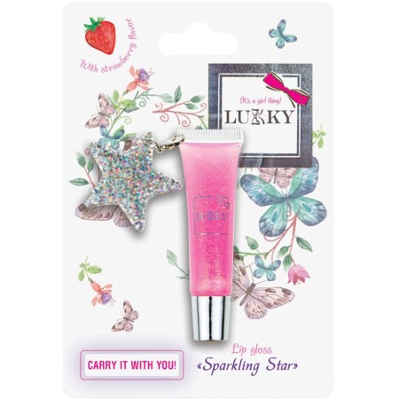 LUKKY Lesk dětský na rty třpytivý s příchutí jahoda set s přívěskem