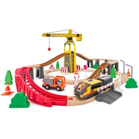 WOODY DŘEVO Vláčkodráha s jeřábem a doplňky 70 dílků vláček na baterie