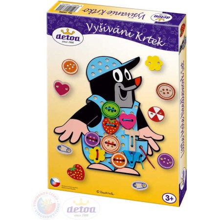 DETOA DŘEVO Vyšívání Krtek (Krteček) set 26 dílků s tkaničkou a knoflíky