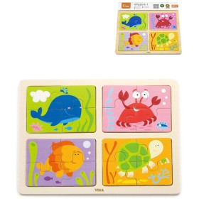 VIGA DŘEVO Puzzle na desce 4v1 mořská zvířátka baby skládačka 16 dílků