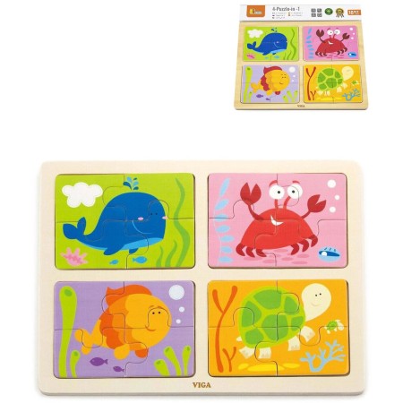 VIGA DŘEVO Puzzle na desce 4v1 mořská zvířátka baby skládačka 16 dílků