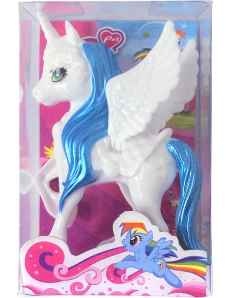 Jednorožec koník plastový bílo-modrý 10cm s křídly v krabičce