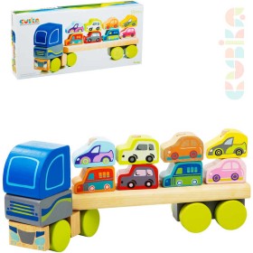 CUBIKA DŘEVO Baby autíčko Kamion s auty navlékací stavebnice set 12 dílků