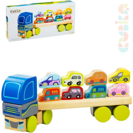 CUBIKA DŘEVO Baby autíčko Kamion s auty navlékací stavebnice set 12 dílků
