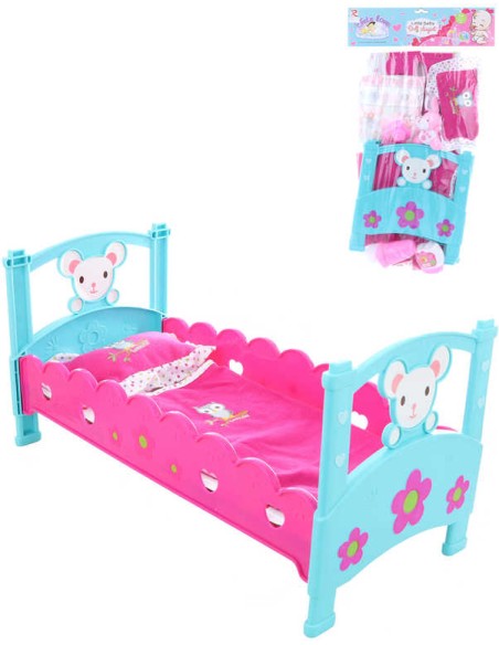 Postýlka růžovomodrá set s doplňky pro panenku miminko plast v sáčku