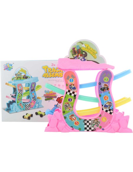 Dráha sjezdová poschoďová set se 4 překlápěcími autíčky plast