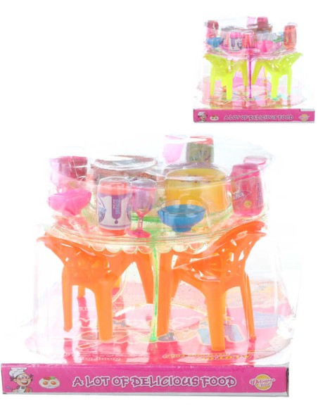 Stoleček jídelní plastový set s nádobím a potravinami do domečku 2 druhy