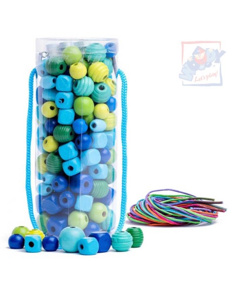 WOODY DŘEVO Korálky navlékací tyrkysové set s barevnými tkaničkami v tubě