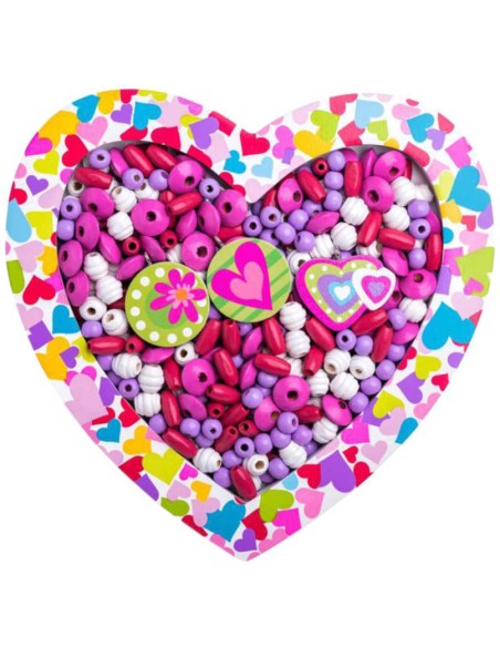 WOODY DŘEVO Srdíčko set navlékací korálky s provázky rámeček na foto 2v1