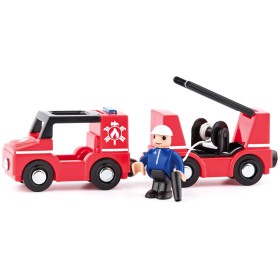 WOODY DŘEVO Hasiči set autíčko s vagonkem a figurkou doplněk k vláčkodráze