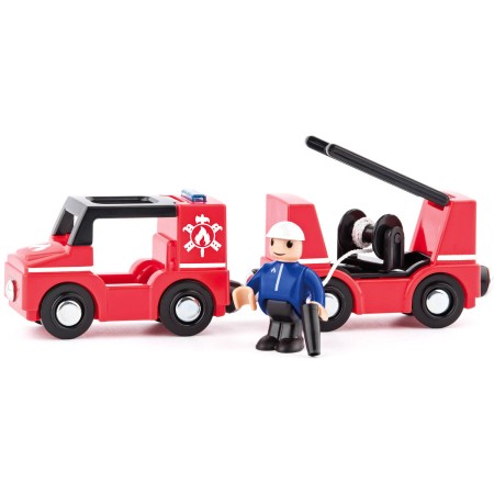 WOODY DŘEVO Hasiči set autíčko s vagonkem a figurkou doplněk k vláčkodráze