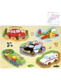 WOODY DŘEVO Puzzle muzikální dopravní prostředky zvukové set 5 dílků