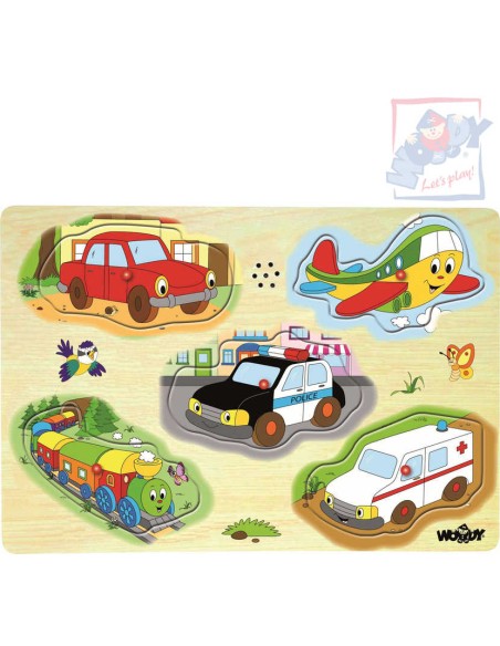WOODY DŘEVO Puzzle muzikální dopravní prostředky zvukové set 5 dílků