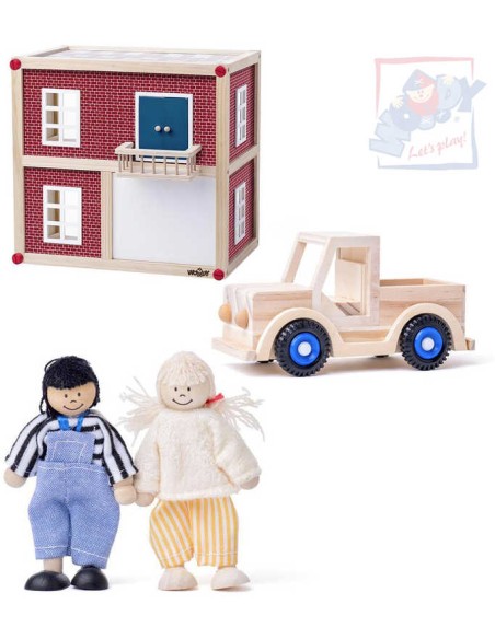 WOODY DŘEVO Moderní vila domek pro panenky herní set se 2 panáčky a autíčkem